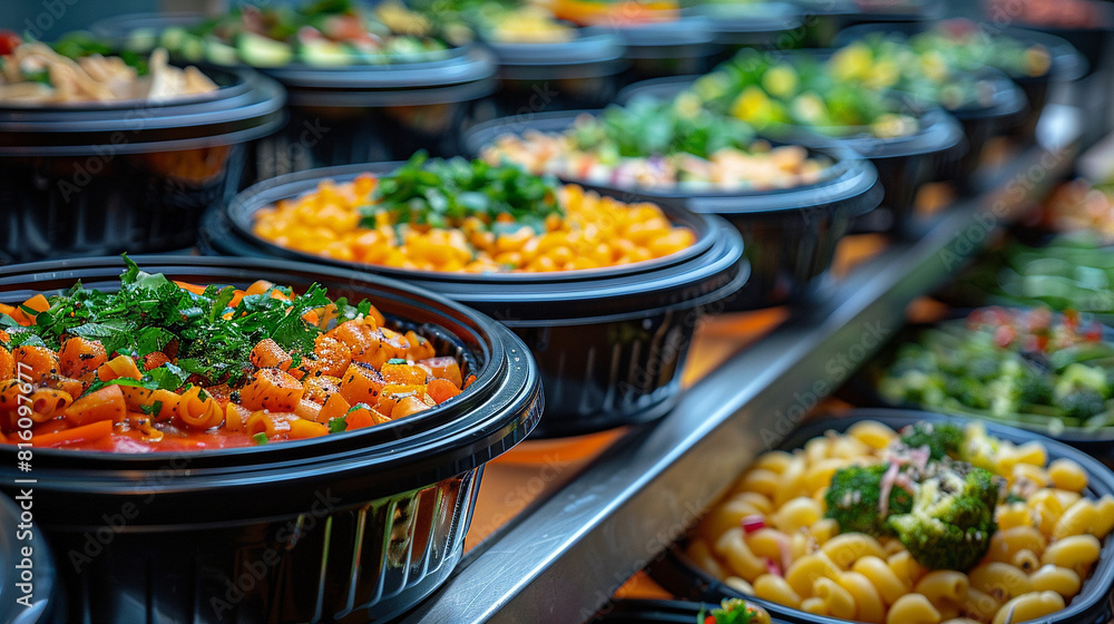 Assorted pasta dishes in black bowls on display