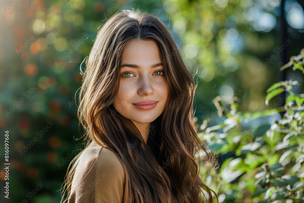 Naklejka premium A woman with long hair in a brown shirt