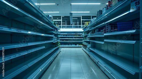 View of empty supermarket shelves grocery store work stoppage closes sanctions and embargo panic buying with supplies and goods shortage food crisis and deficit concept : Generative AI