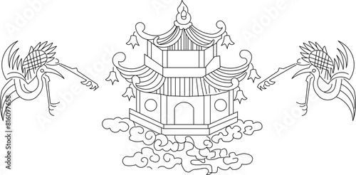 Traditional ethnic chinese holy temple drawing design vector illustration sketch