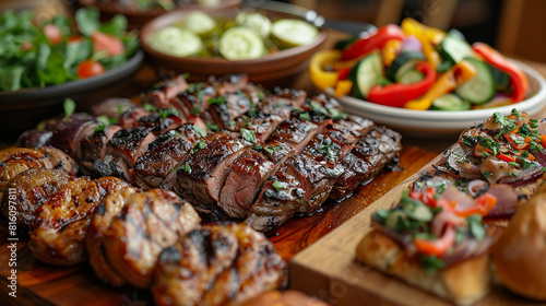 Delicious grilled steak platter with vibrant salads