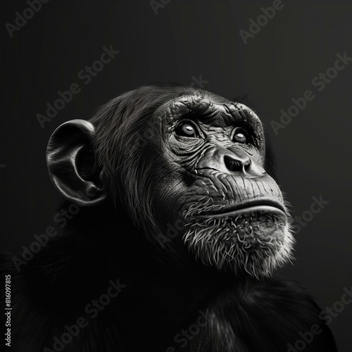 Black and white illustration with an animal - monkey. 8K resolution.