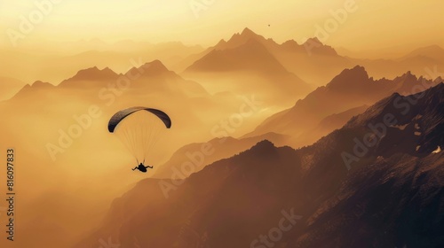 The sepia-toned silhouette of a paraglider contrasts beautifully against the majestic peaks of the Alps  capturing the serene beauty of high-altitude adventure.