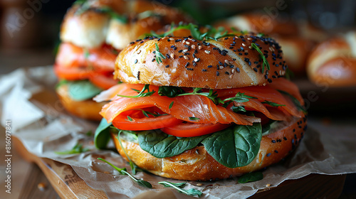 Delicious salmon bagel with spinach and tomato