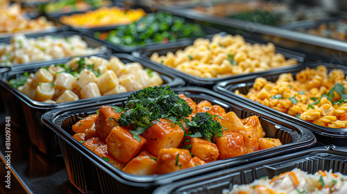 Delicious assorted dishes in black takeout containers