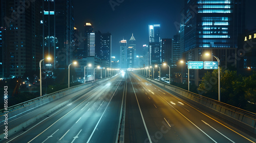 Straight asphalt highway passing through the city above in Hangzhou at night : Generative AI © Generative AI