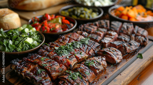 Delicious grilled ribs on a rustic wooden table with side dishes