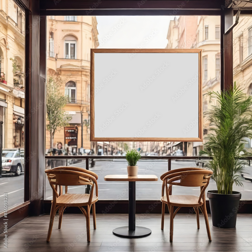Empty Billboard frame advertising mockup with cozy cafe for background Empty Billboard frame advertising mockup with cozy cafe for background