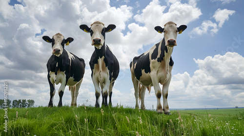 Healthy looking dairy cows standing on top of a green field in summer : Generative AI © Generative AI