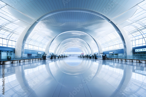 A long hallway in a contemporary airport with a transparent glass ceiling  allowing natural light to illuminate the space