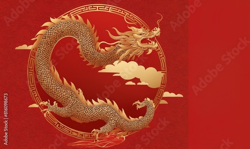 A banner with a Chinese-style New Year's illustration depicting a snake, the symbol of the year on a red background with free space for inserting text and congratulations © Irina