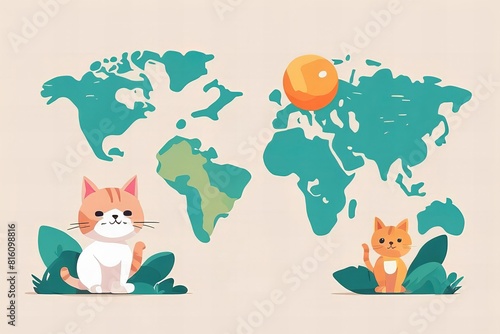 cartoon of two cats sitting on a map of the world