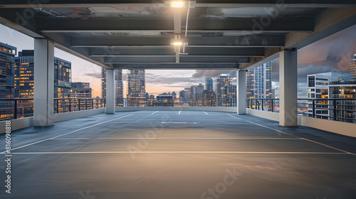 Fototapeta Naklejka Na Ścianę i Meble -  A beautiful rooftop parking with nice cityscape view : Generative AI