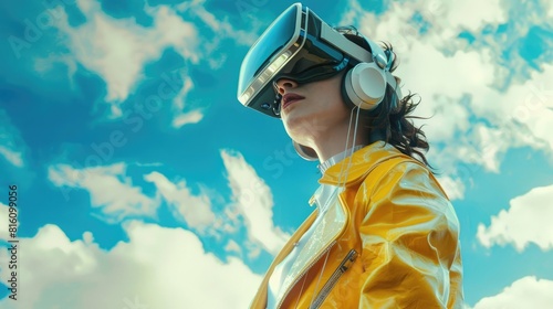 A woman in futuristic yellow leather jacket wears VR glasses and headphones against the background of an abstract blue sky with clouds, high detail, hyperrealism, high resolution, © Khalif