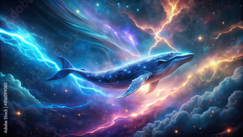 A digital concept of a luminescent space whale traversing through an interstellar storm, its glowing form contrasting against the dark cosmic tempest. photo