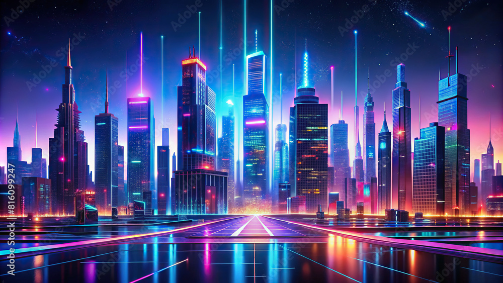 A digital artwork showcasing a city skyline at night, adorned with vibrant neon lights and abstract shapes, capturing the essence of a futuristic urban landscape.