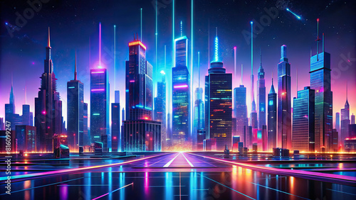 A digital artwork showcasing a city skyline at night  adorned with vibrant neon lights and abstract shapes  capturing the essence of a futuristic urban landscape.