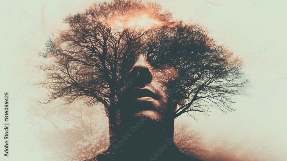 Fototapeta premium The double exposure combines a male face and a branching tree without leaves. The concept of the unity of nature and man. The vitality of the human soul in nature illustration. Design for cover.