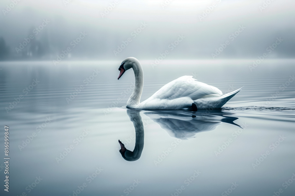 Swan swimming in a lake with fog