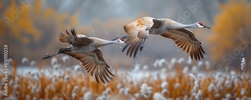 Two sandhill cranes in flight in winter, 3D rendering