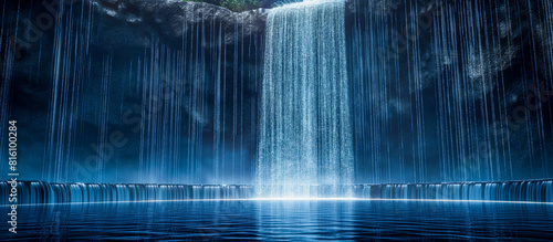 Majestic Blue Waterfall Under Starry Night - Fantasy Digital Art  Tranquil Nature Scene  Inspirational Background  Dreamy Serenity  Virtual Escape  Calming Meditation  Futuristic Waterfall Art
