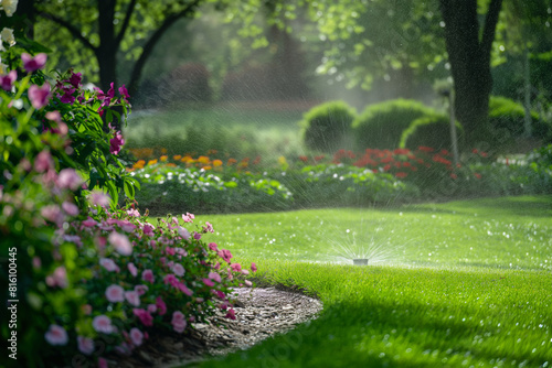 Fototapeta Naklejka Na Ścianę i Meble -  Sprinkler waters lush green lawn in garden, creating natural landscape. Generative AI