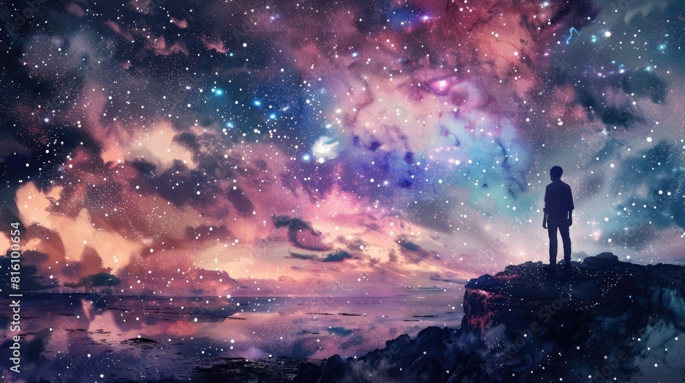 a wonderful image among distant stars, AI generated watercolor image