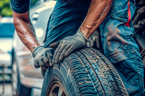 Man in blue shirt and work gloves holding a tire photo