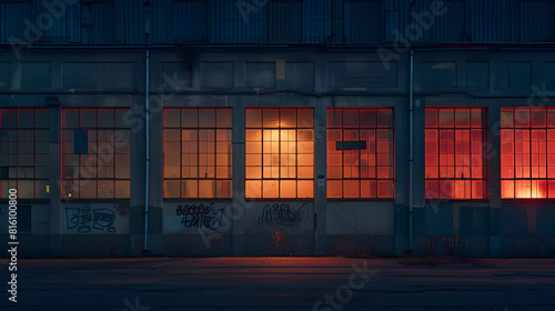 exterior of big old warehouse with windows at night : Generative AI