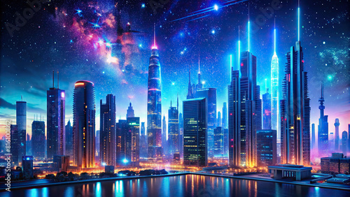 A digital artwork showcasing a futuristic city skyline with glowing neon lights against a starry night sky  blending elements of urban life and technological advancement.