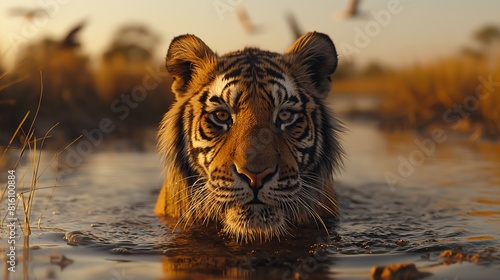 Nature documentary, tiger at a watering hole, African savanna, , soft diffused daylight, birds in the sky created by ai
