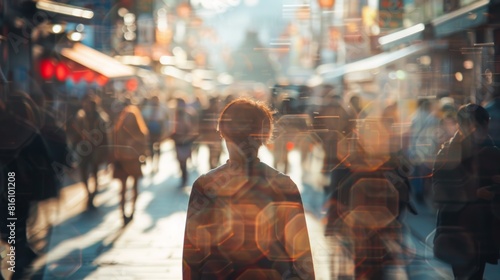 Blurred Silhouette in Busy City Street with Bokeh Lights