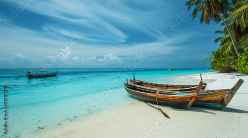 Photo of Maldives  white sand beach with palm trees and traditional wooden boats in the sea on a sunny day  boats ashore  clear blue sky. 