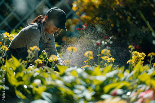 Woman happily watering plants in garden with colorful flowers and lush greenery. Generative AI