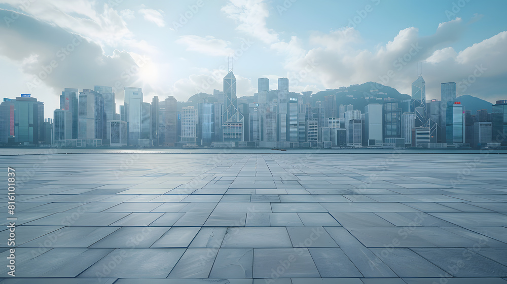 Empty square floor and modern city buildings with skyline by the sea : Generative AI Empty square floor and modern city buildings with skyline by the sea : Generative AI