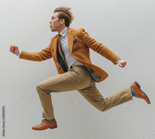 Energetic jump by a businessman in a brown blazer