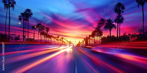 Sunset in LA: Palm Trees and Moving Cars in a Blurred Background. Concept Sunset Photography, Los Angeles Landscape, Palm Trees, Blurred Background, Moving Cars