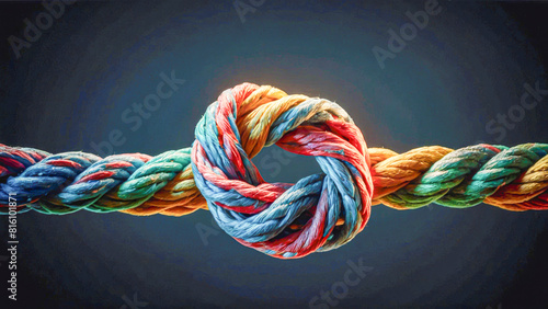 Vibrant, knotted cord, tightly coiled, stands out against the textured dark blue canvas.