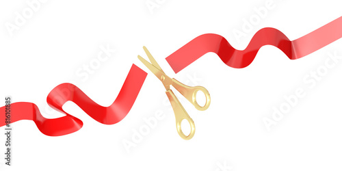 Ribbon Cutting. Grand opening ceremony. Scissors cut red ribbon. Isolated. 3d illustration.