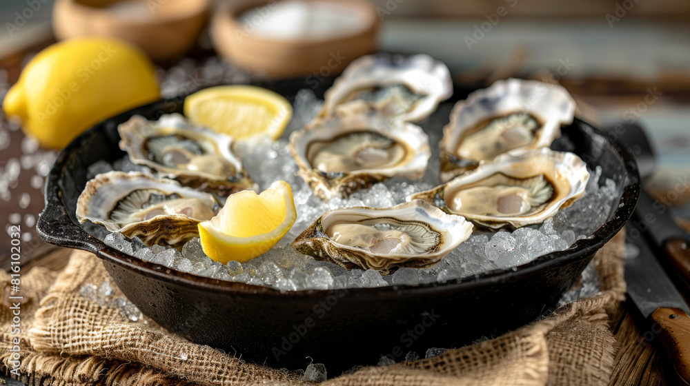 A tray of fresh oysters on crushed ice with wedges of lemon. National Oyster Day, concept for culinary magazines, seafood restaurant and food blogs. A tray of fresh oysters on crushed ice with wedges of lemon. National Oyster Day, concept for culinary magazines, seafood restaurant and food blogs.