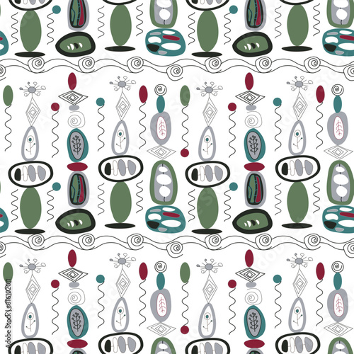 abstract seamless pattern with elements resembling ornamental stones. Line, ovals. White background, gray, blue, green, bard colors. pebbles, abstraction, black, white, vintage, 60s 