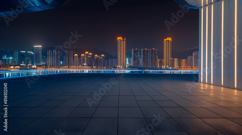 Empty square floor and bridge with city skyline in Sanya Hainan China : Generative AI photo