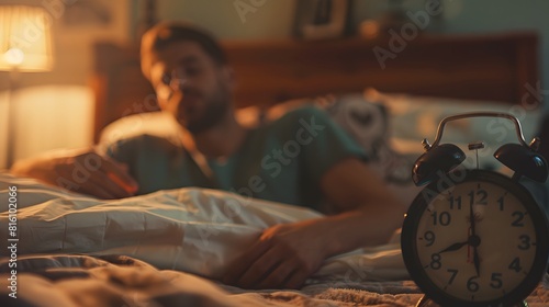 Alarm clock with male model in bed in background. Shallow depth of field.