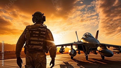 A man walks down the runway of a military airbase toward a fighter jet. Military prepares for combat flight. Army and air armed forces. Sunset. Illustration of varied design.