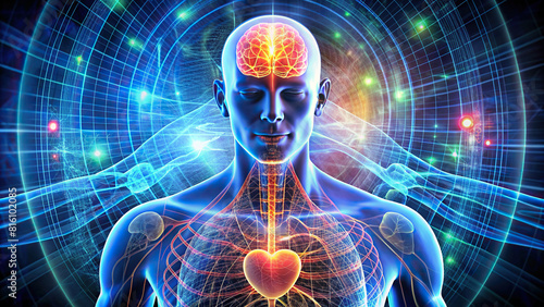 A digital rendering of the hypothalamus surrounded by abstract representations of various bodily functions it regulates, such as heart rate, respiration, and stress response photo