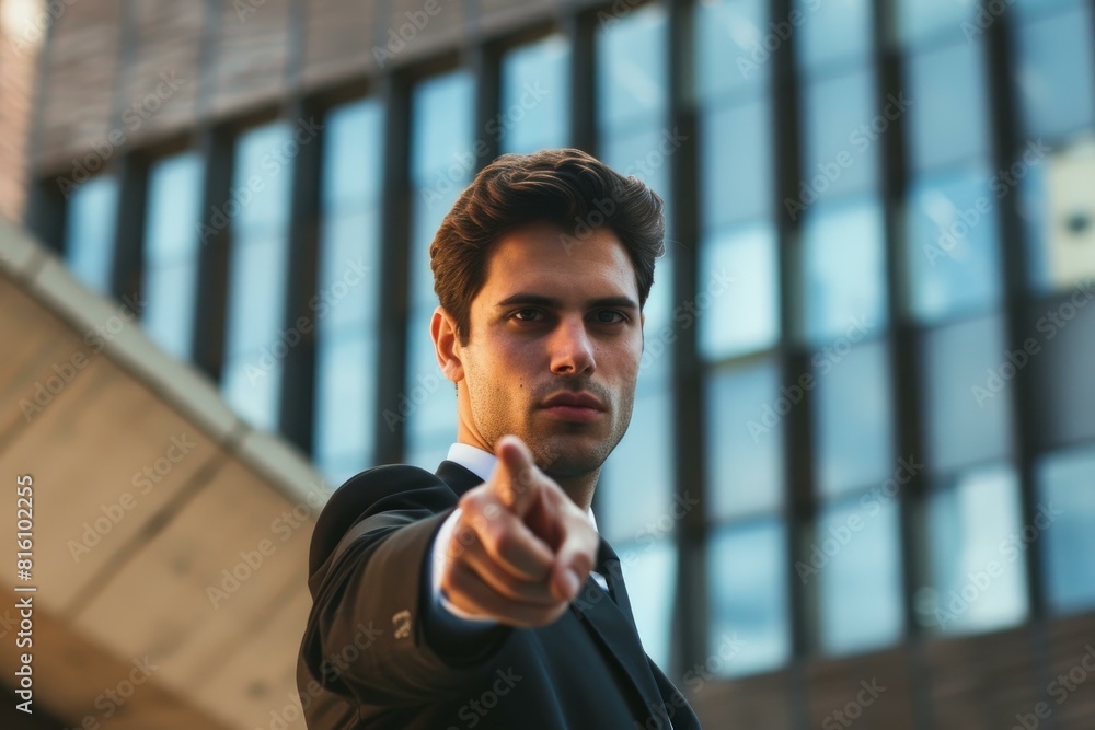 Confident young businessman in a sharp suit pointing forward with assertiveness and determination in a modern urban environment, showing leadership and professional ambition Confident young businessman in a sharp suit pointing forward with assertiveness and determination in a modern urban environment, showing leadership and professional ambition