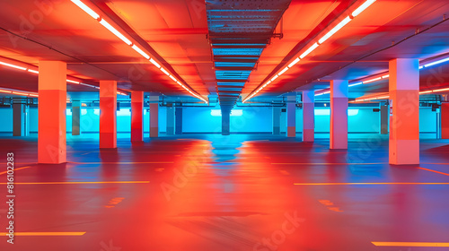 Empty underground car parking lot inEurope Wideangle view neon lights no people : Generative AI photo