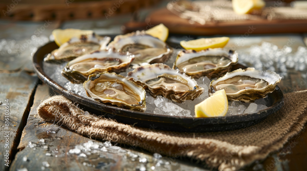 Naklejka premium A tray of fresh oysters on crushed ice with wedges of lemon. National Oyster Day, concept for culinary magazines, seafood restaurant and food blogs.