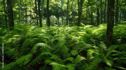 During the summer solstice the forest is adorned with sunlit vibrant green ferns particularly the dryopteris species photo