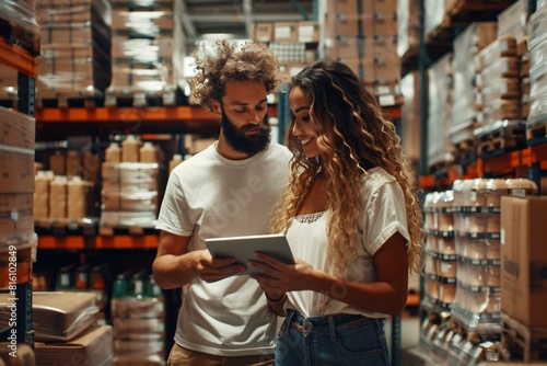 Two business people are using tablets to count goods in the warehouse © guolin